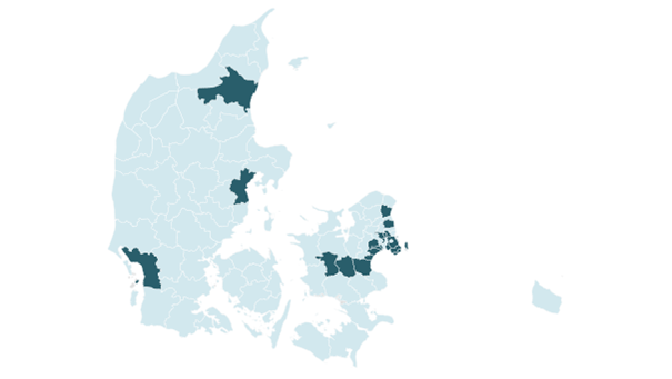 Kommuner med fremgang i Bygge og anlægssektoren (mørkeblå) fra 2008 til 2016 (årsgennemsnit)