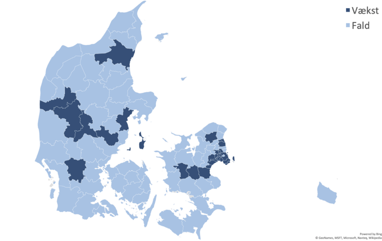 Figur 6. Kommuner med vækst i beskæftigelsen indenfor Bygge og anlæg 2008K2-2018K2